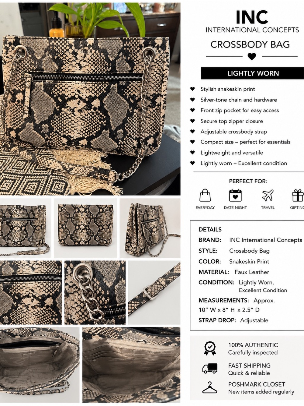 INC International Concepts Snakeskin Print Crossbody Bag - Black & Cream